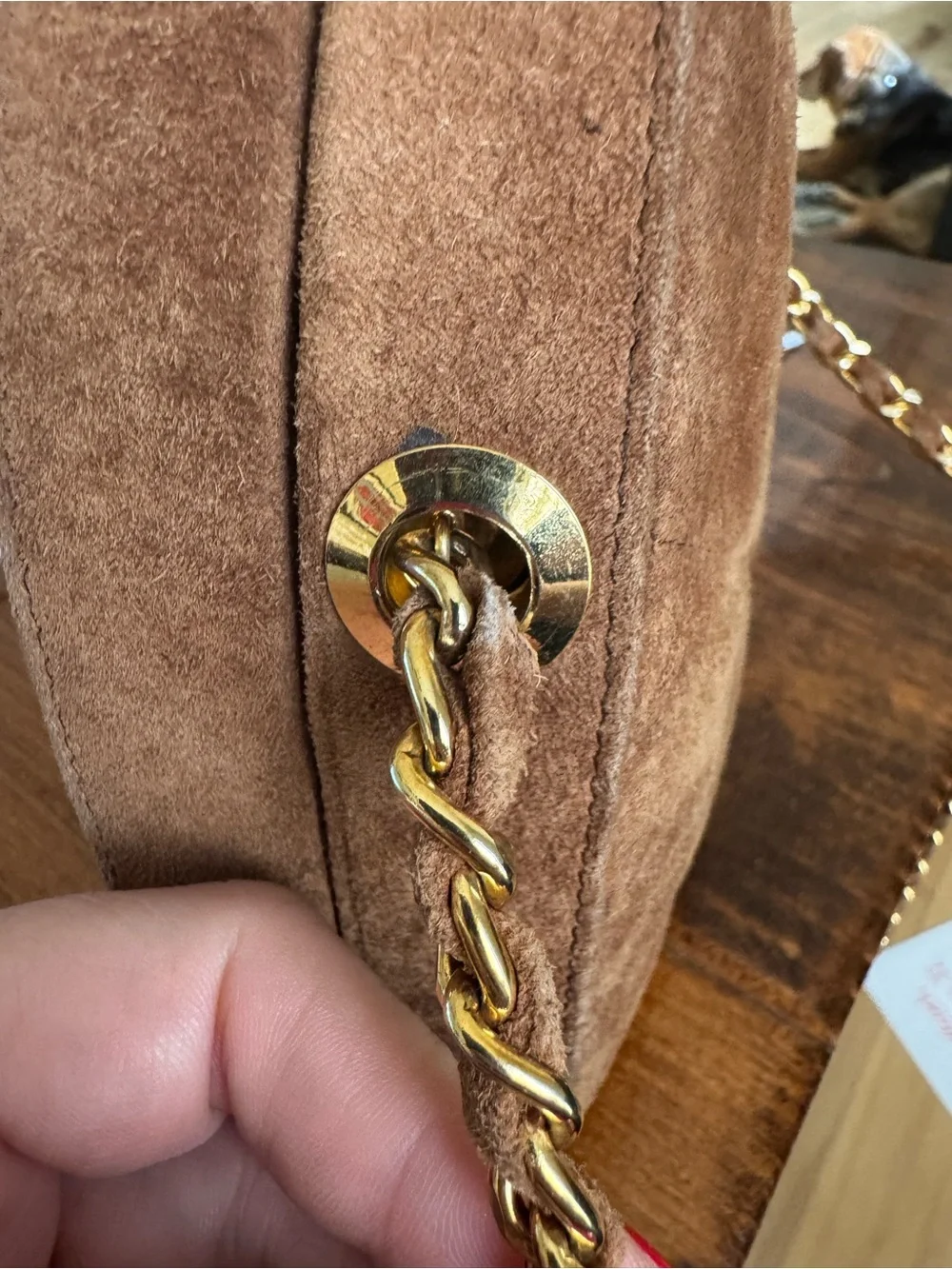 Brown Suede Quilted Crossbody Bag with Gold Chain